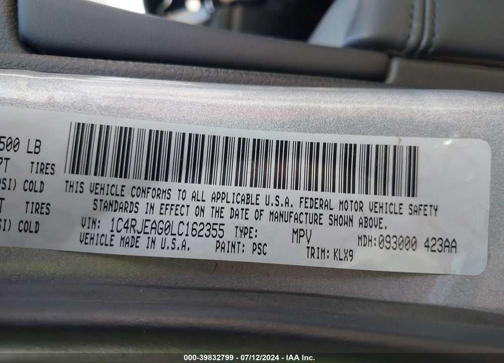 2020 JEEP GRAND CHEROKEE ALTITUDE 4X2 VIN: 1C4RJEAG0LC162355