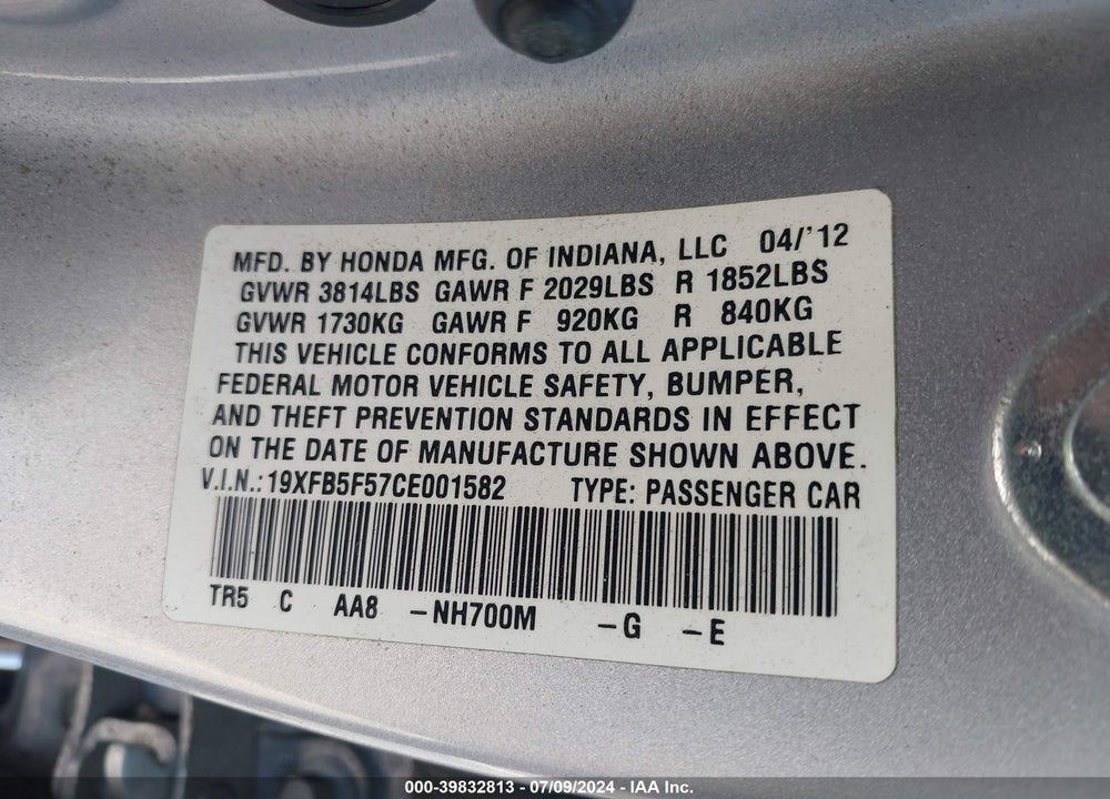 2012 HONDA CIVIC NATURAL GAS VIN: 19XFB5F57CE001582