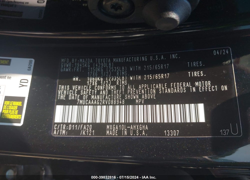 2024 TOYOTA COROLLA CROSS LE VIN: 7MUCAAAG2RV088948