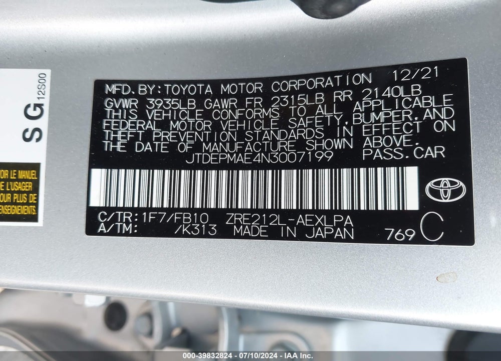 2022 TOYOTA COROLLA LE VIN: JTDEPMAE4N3007199