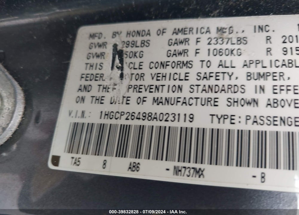 2008 HONDA ACCORD 2.4 LX-P VIN: 1HGCP26498A023119