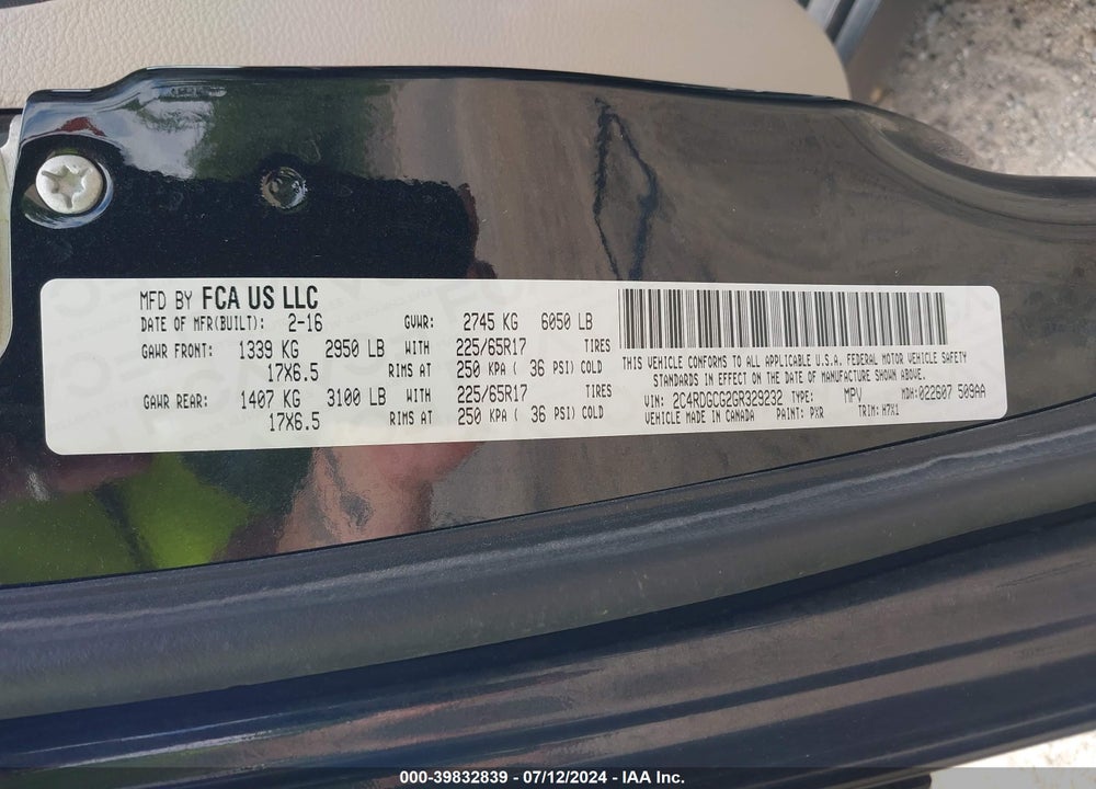 2016 DODGE GRAND CARAVAN SXT VIN: 2C4RDGCG2GR329232