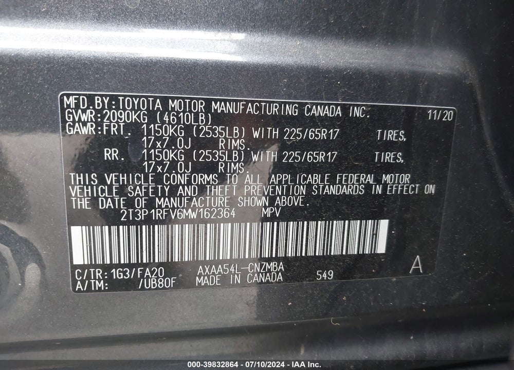 2021 TOYOTA RAV4 XLE VIN: 2T3P1RFV6MW162364