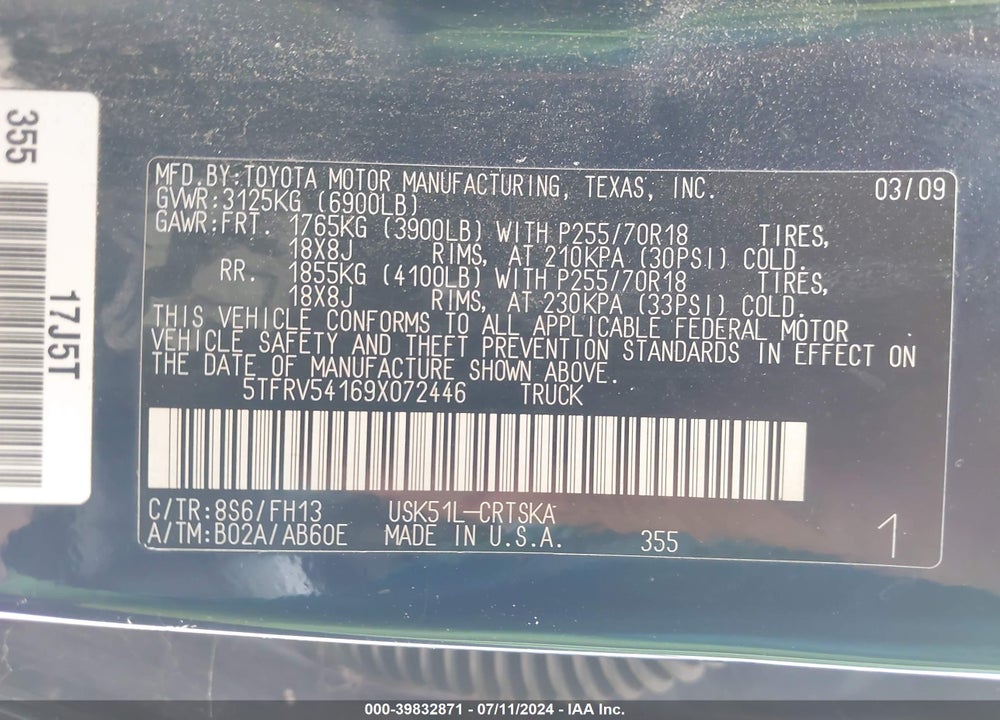 2009 TOYOTA TUNDRA SR5 5.7L V8 VIN: 5TFRV54169X072446
