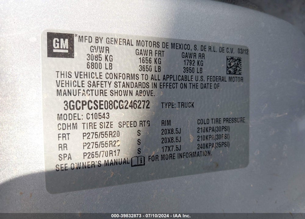 2012 CHEVROLET SILVERADO 1500 LT VIN: 3GCPCSE08CG246272