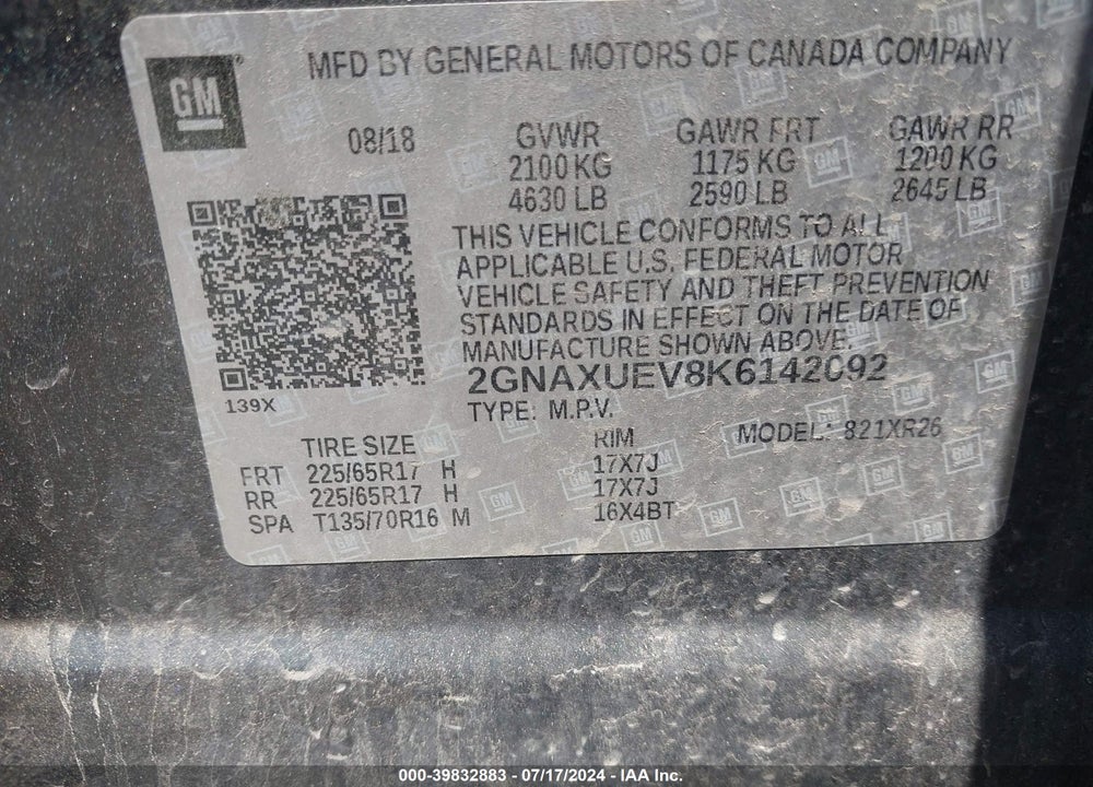 2019 CHEVROLET EQUINOX VIN: 2GNAXUEV8K6142092