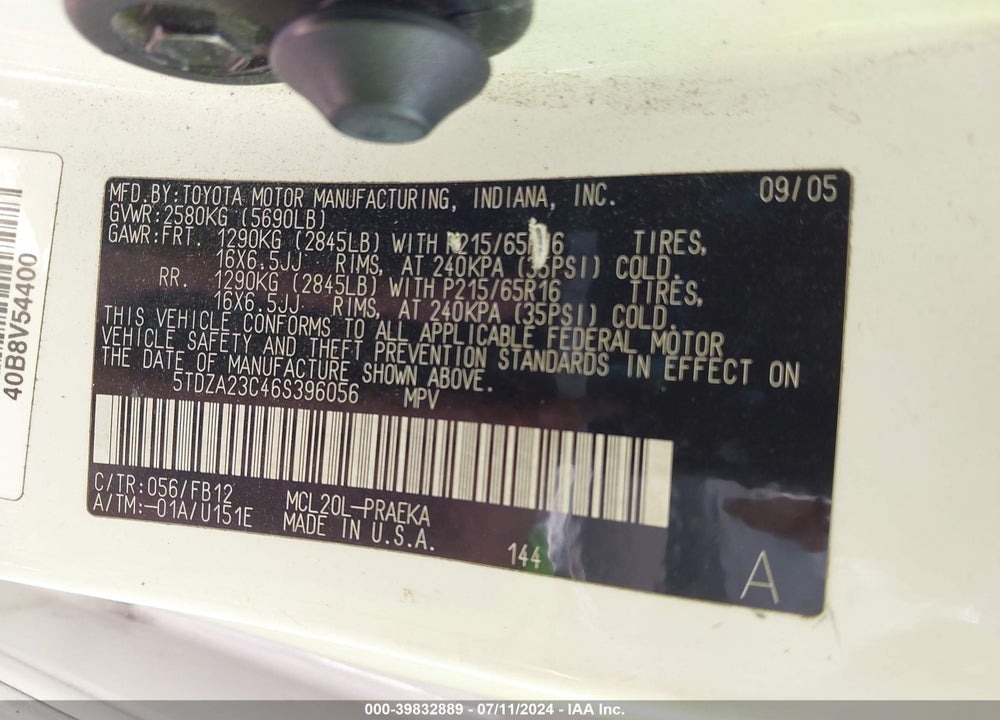 2006 TOYOTA SIENNA CE VIN: 5TDZA23C46S396056