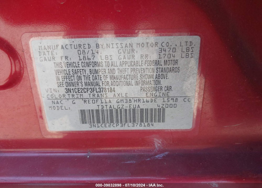 2015 NISSAN VERSA NOTE SR VIN: 3N1CE2CP3FL378184