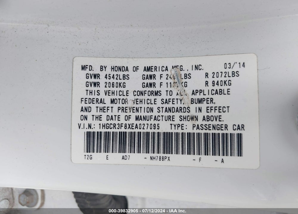 2014 HONDA ACCORD EX-L V-6 VIN: 1HGCR3F8XEA027095