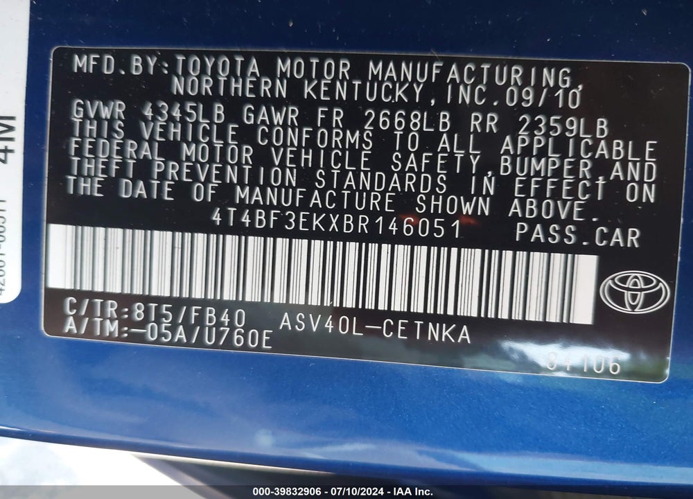 2011 TOYOTA CAMRY LE VIN: 4T4BF3EKXBR146051