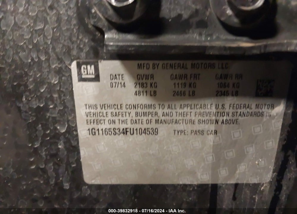 2015 CHEVROLET IMPALA 2LZ VIN: 1G1165S34FU104539