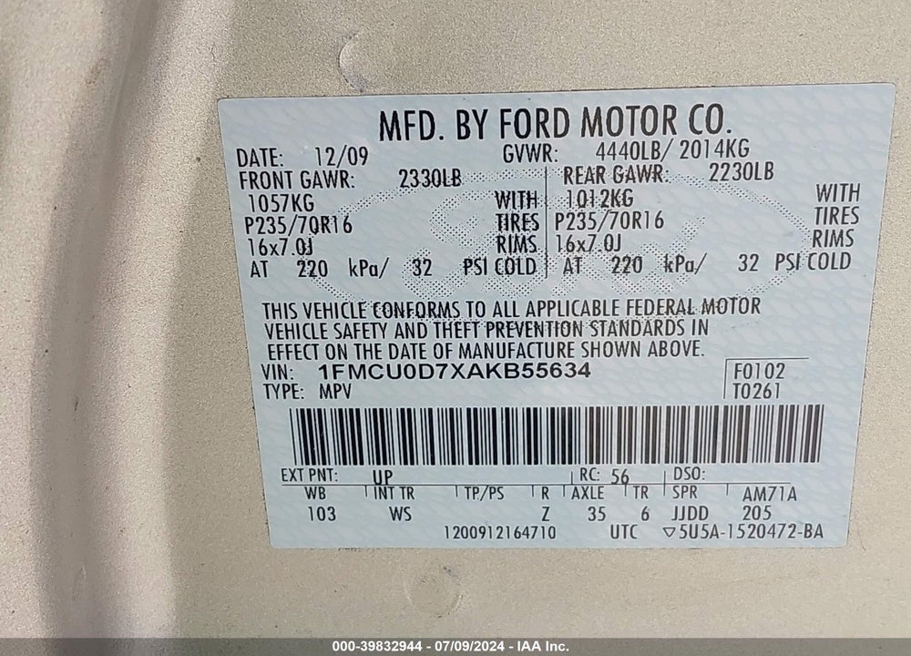 2010 FORD ESCAPE XLT VIN: 1FMCU0D7XAKB55634