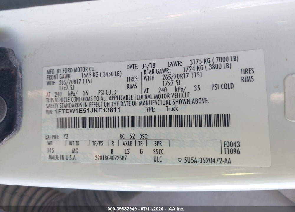 2018 FORD F-150 XLT VIN: 1FTEW1E51JKE13811