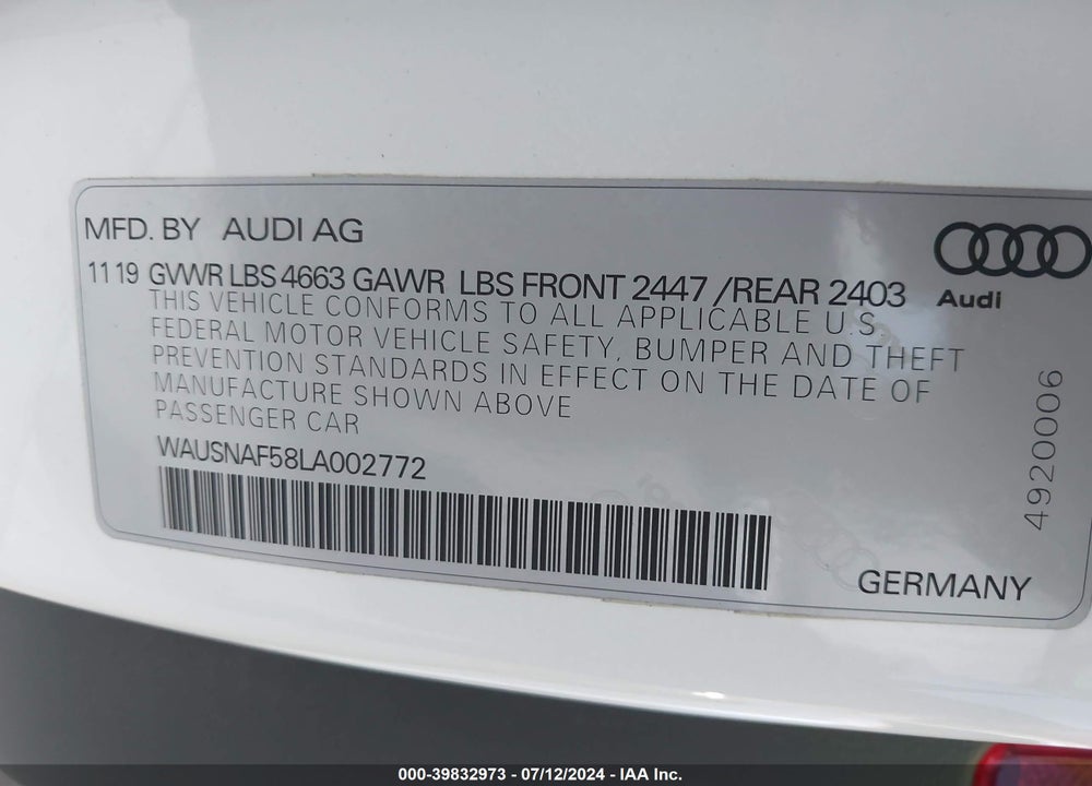 2020 AUDI A5 PREMIUM 45 TFSI QUATTRO S TRONIC VIN: WAUSNAF58LA002772
