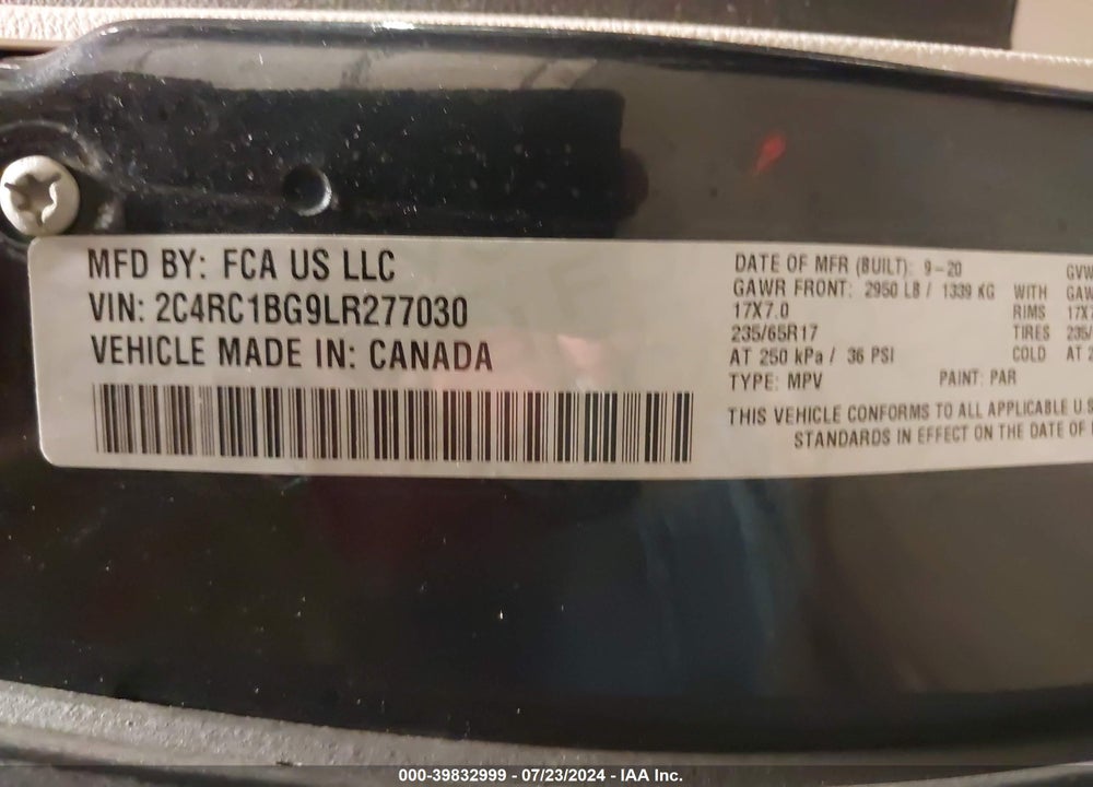 2020 CHRYSLER PACIFICA TOURING L VIN: 2C4RC1BG9LR277030