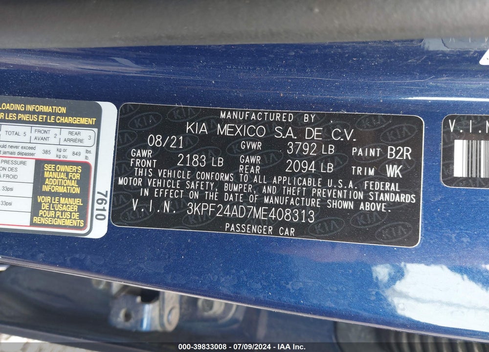 2021 KIA FORTE LXS VIN: 3KPF24AD7ME408313