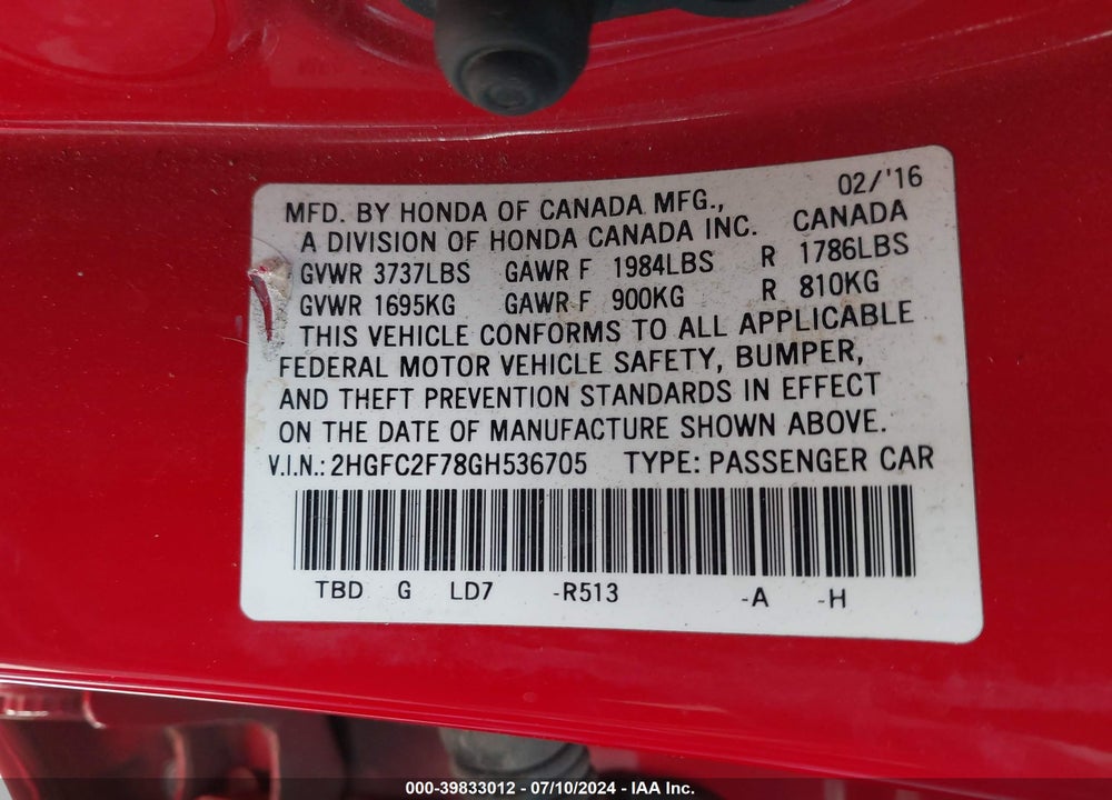 2016 HONDA CIVIC EX VIN: 2HGFC2F78GH536705
