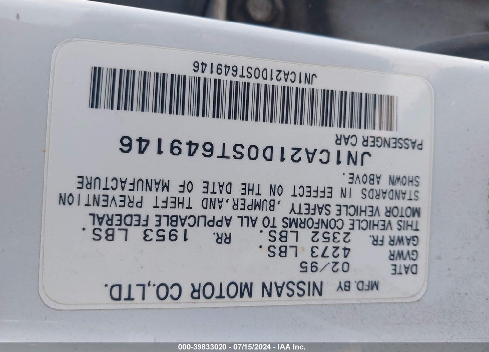 1995 NISSAN MAXIMA GLE/GXE/SE VIN: JN1CA21D0ST649146