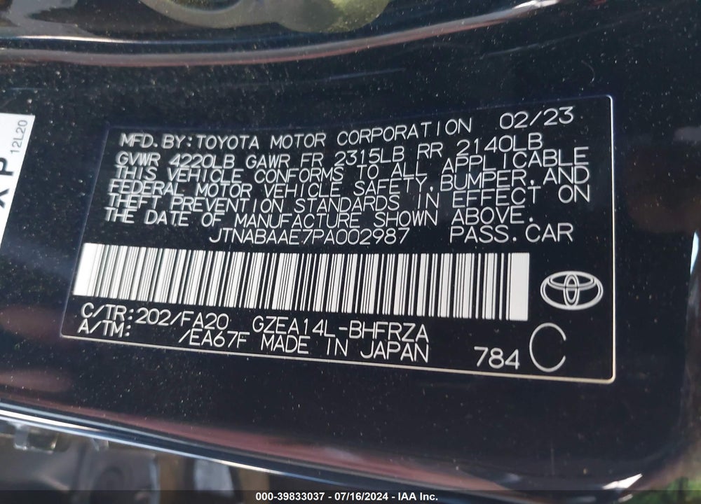 2023 TOYOTA GR COROLLA CORE VIN: JTNABAAE7PA002987