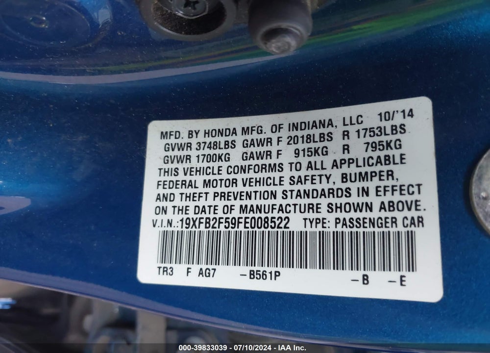 2015 HONDA CIVIC LX VIN: 19XFB2F59FE008522