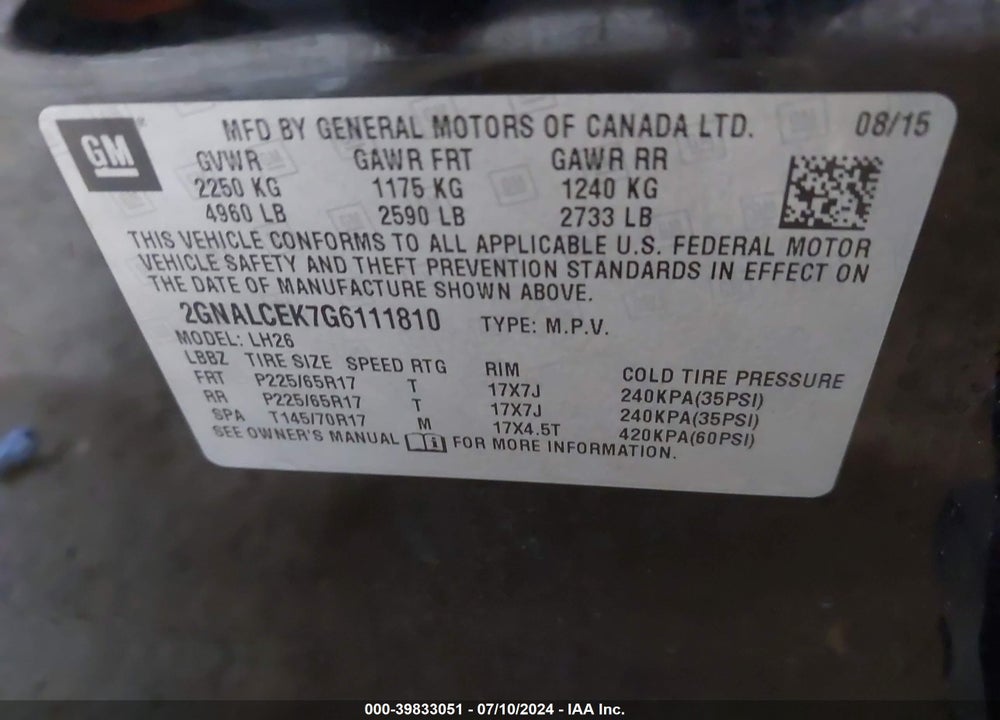 2016 CHEVROLET EQUINOX LT VIN: 2GNALCEK7G6111810