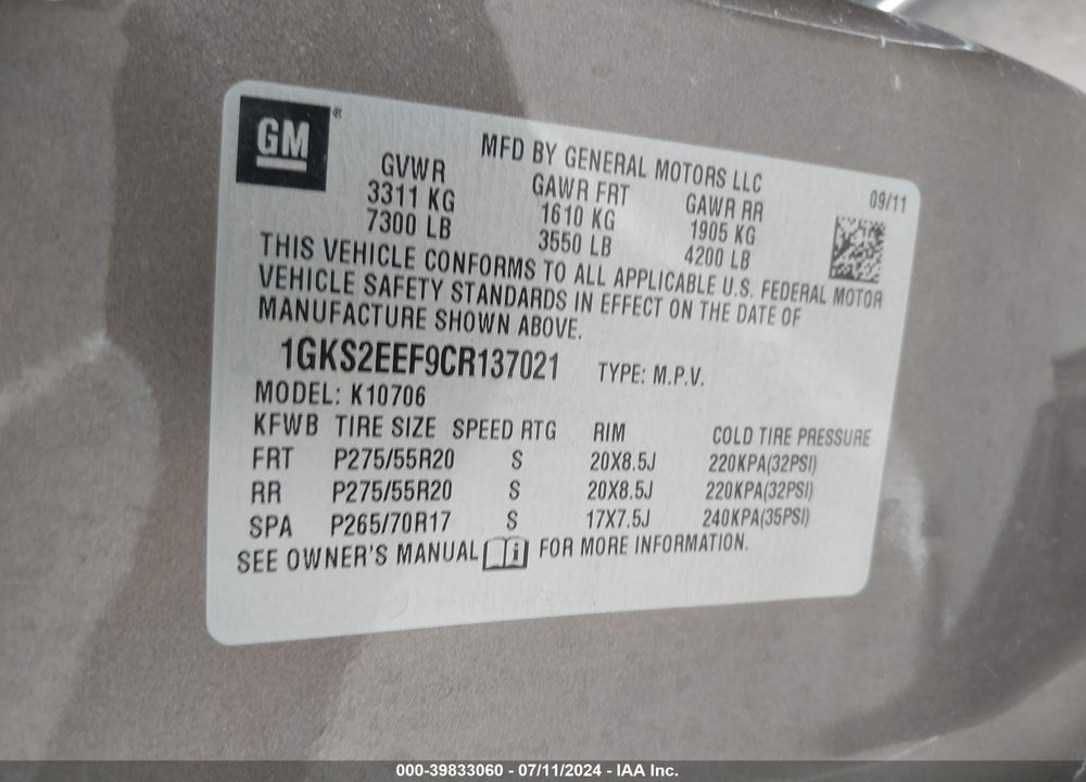2012 GMC YUKON DENALI VIN: 1GKS2EEF9CR137021