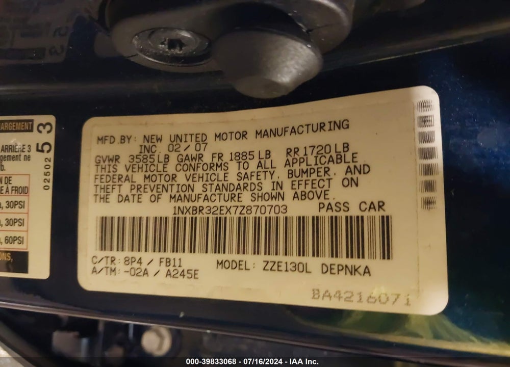 2007 TOYOTA COROLLA LE VIN: 1NXBR32EX7Z870703