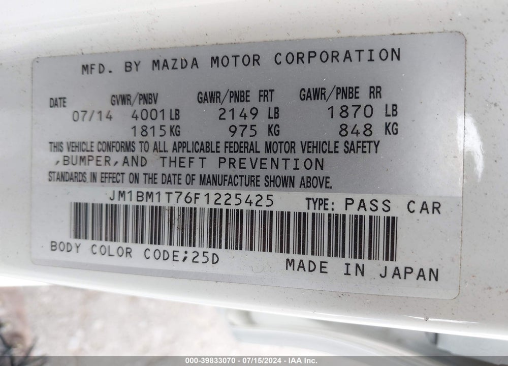 2015 MAZDA 3 I SV VIN: JM1BM1T76F1225425