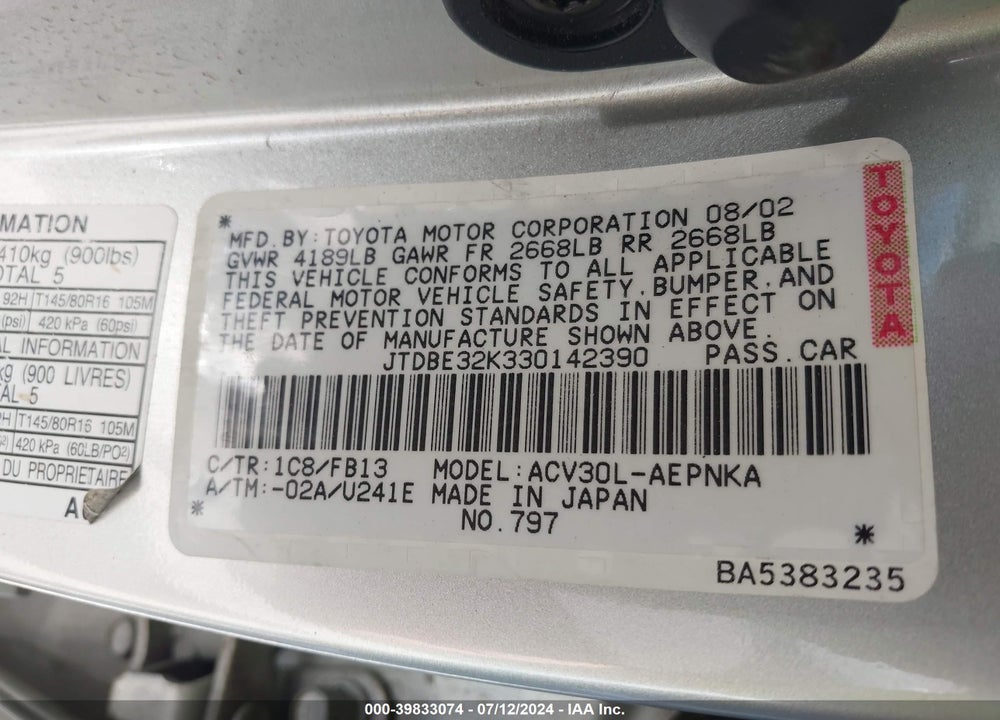 2003 TOYOTA CAMRY LE VIN: JTDBE32K330142390