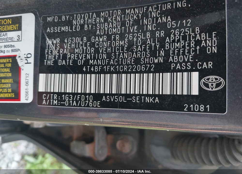 2012 TOYOTA CAMRY LE VIN: 4T4BF1FK1CR220672