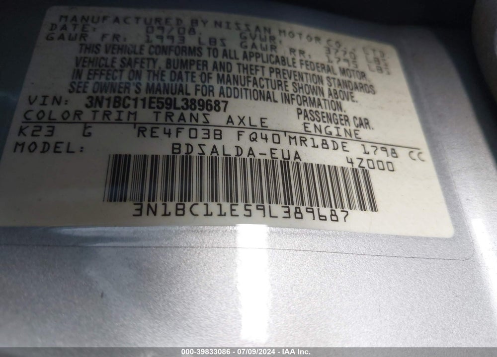 2009 NISSAN VERSA 1.8S VIN: 3N1BC11E59L389687