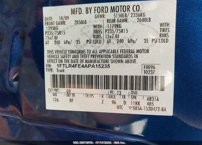 2010 FORD RANGER XLT VIN: 1FTLR4FE4APA15235