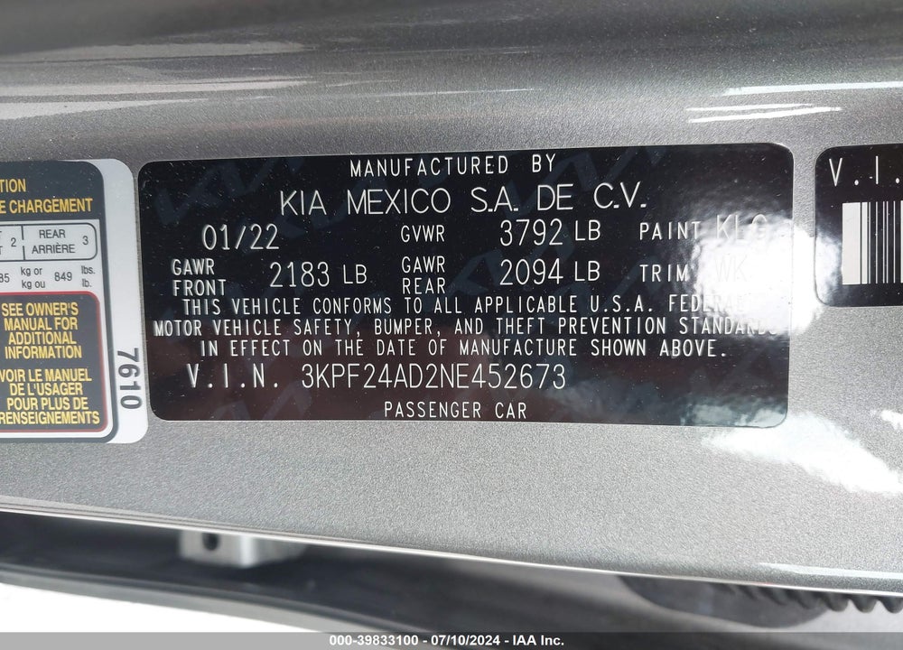 2022 KIA FORTE LXS VIN: 3KPF24AD2NE452673