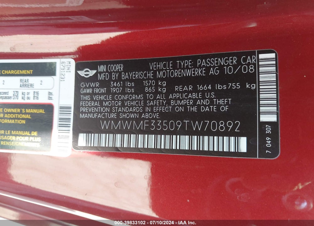 2009 MINI COOPER VIN: WMWMF33509TW70892