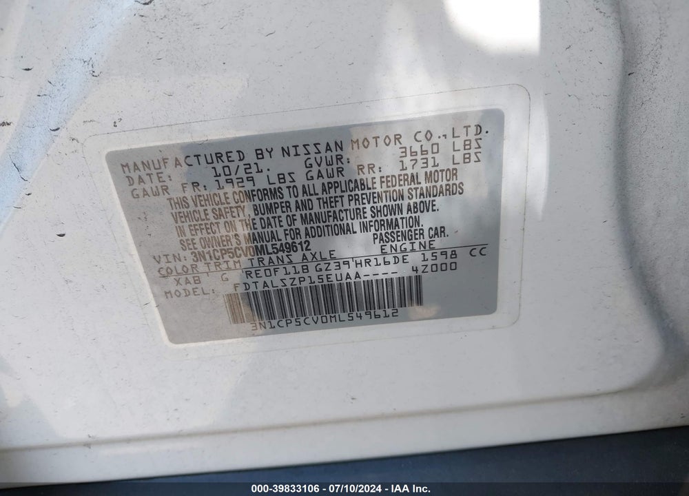 2021 NISSAN KICKS VIN: 3N1CP5CV0ML549612