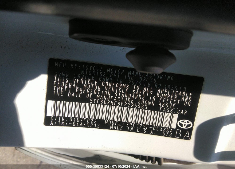 2015 TOYOTA COROLLA S PLUS VIN: 5YFBURHE8FP295963