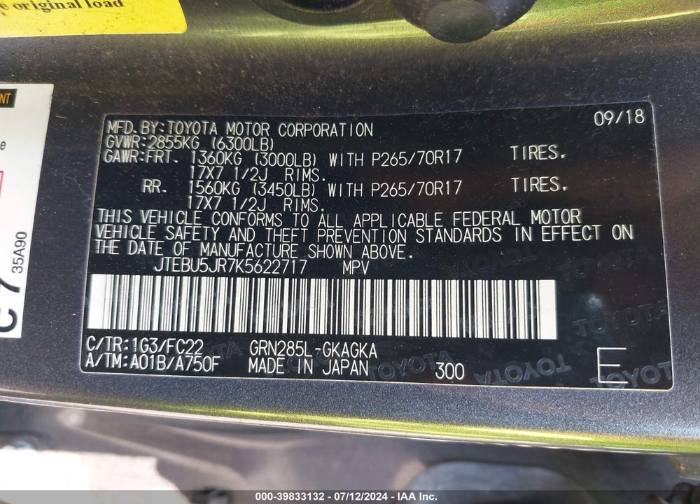 2019 TOYOTA 4RUNNER TRD OFF ROAD VIN: JTEBU5JR7K5622717