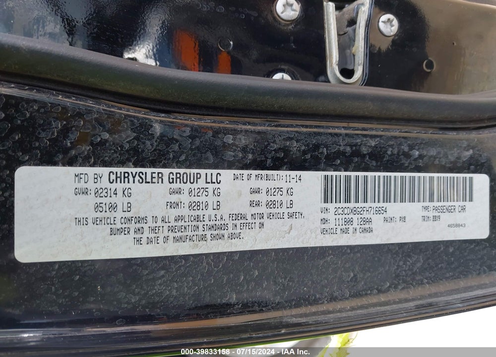 2015 DODGE CHARGER SE VIN: 2C3CDXBG2FH716654