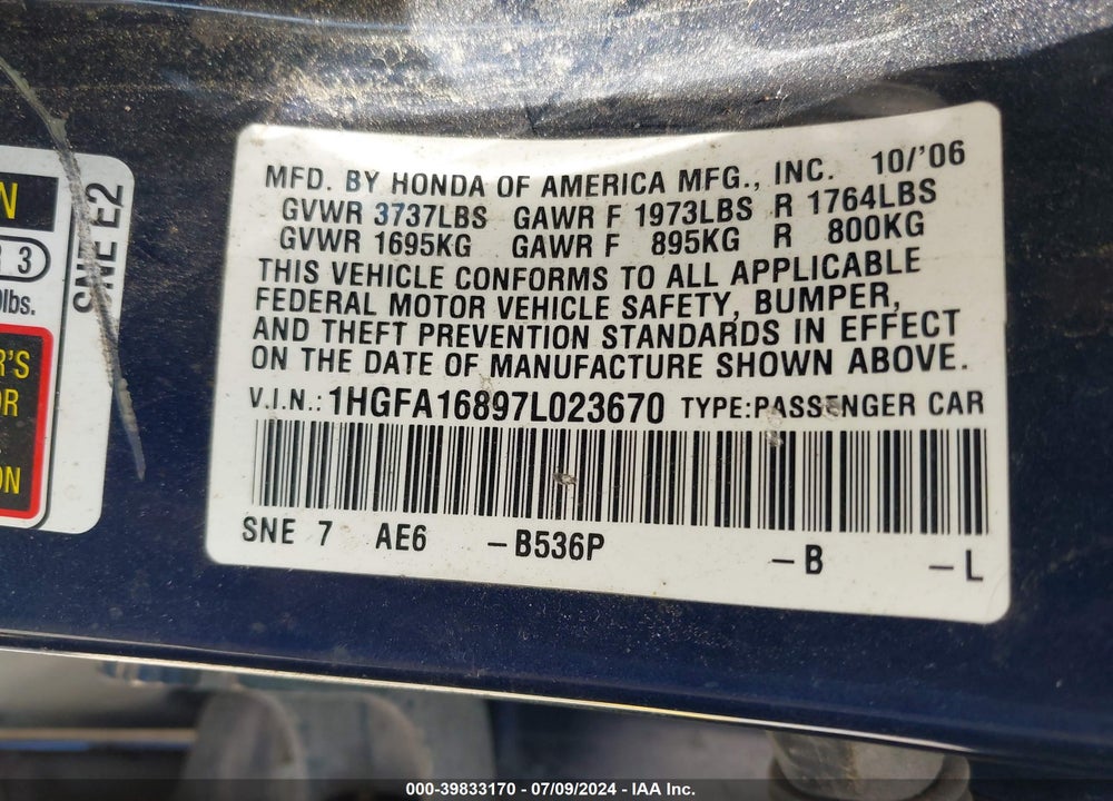 2007 HONDA CIVIC EX VIN: 1HGFA16897L023670