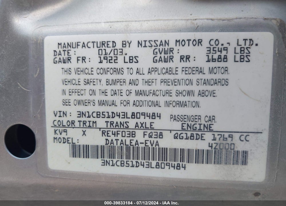 2003 NISSAN SENTRA XE VIN: 3N1CB51D43L809484