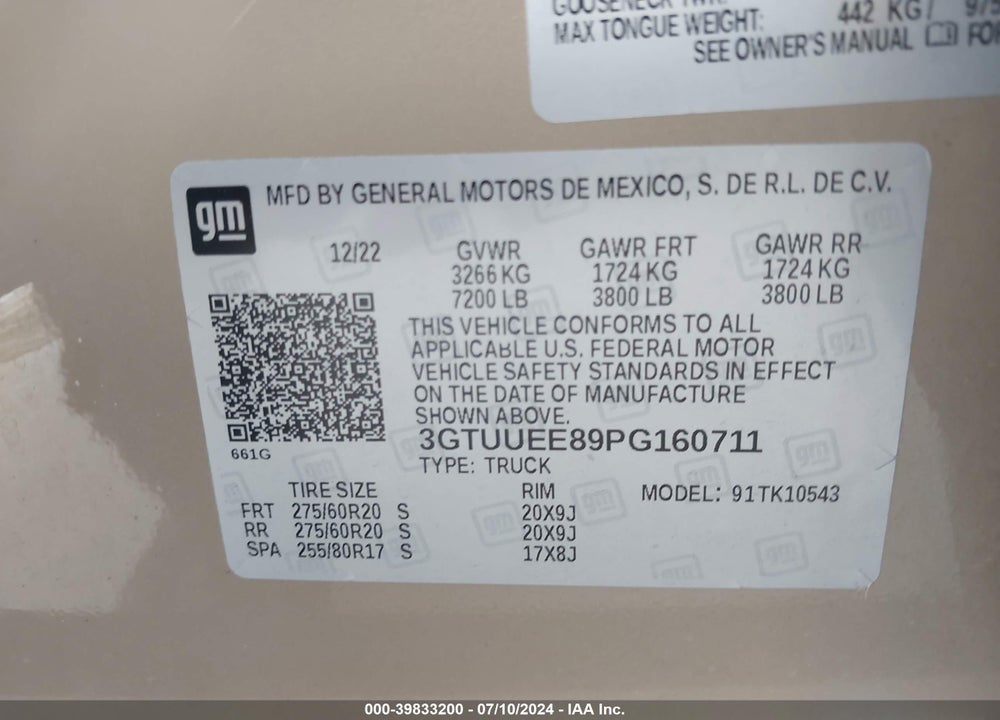 2023 GMC SIERRA 1500 AT4 VIN: 3GTUUEE89PG160711