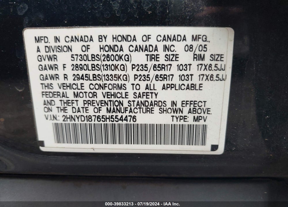 2005 ACURA MDX VIN: 2HNYD18765H554476
