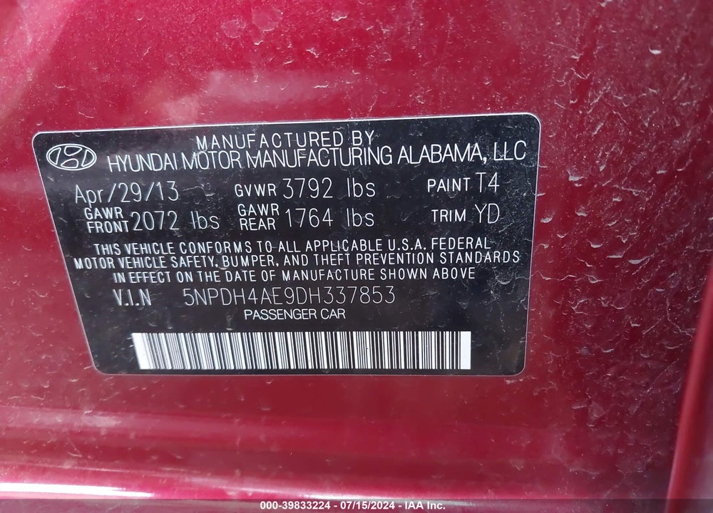 2013 HYUNDAI ELANTRA GLS VIN: 5NPDH4AE9DH337853