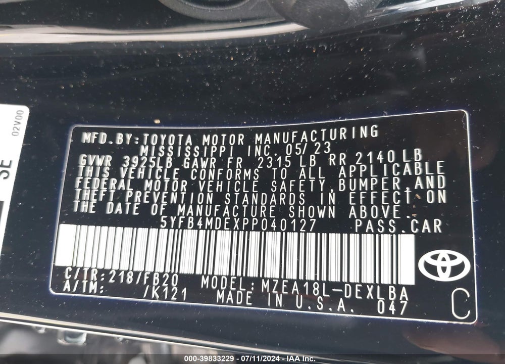 2023 TOYOTA COROLLA LE VIN: 5YFB4MDEXPP040127