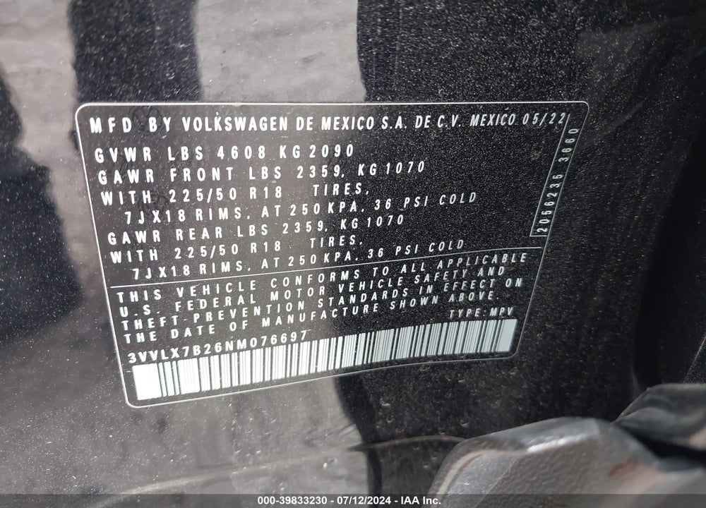 2022 VOLKSWAGEN TAOS 1.5T SE VIN: 3VVLX7B26NM076697