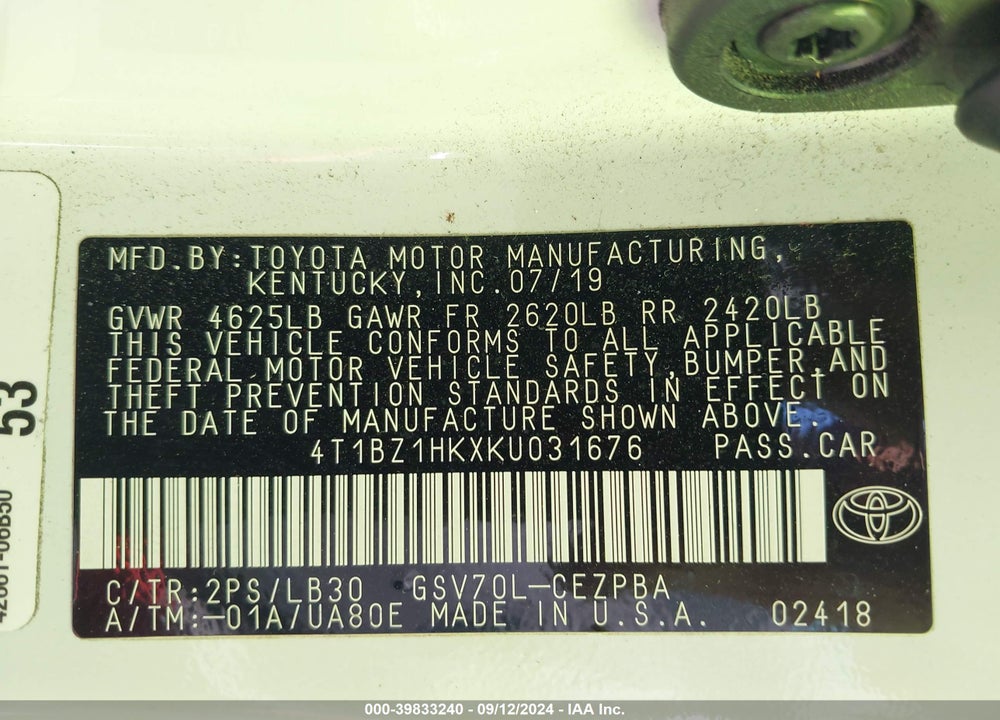 2019 TOYOTA CAMRY XSE V6 VIN: 4T1BZ1HKXKU031676