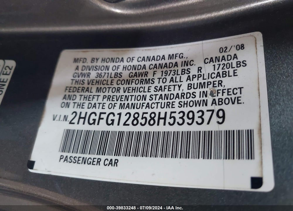 2008 HONDA CIVIC EX VIN: 2HGFG12858H539379