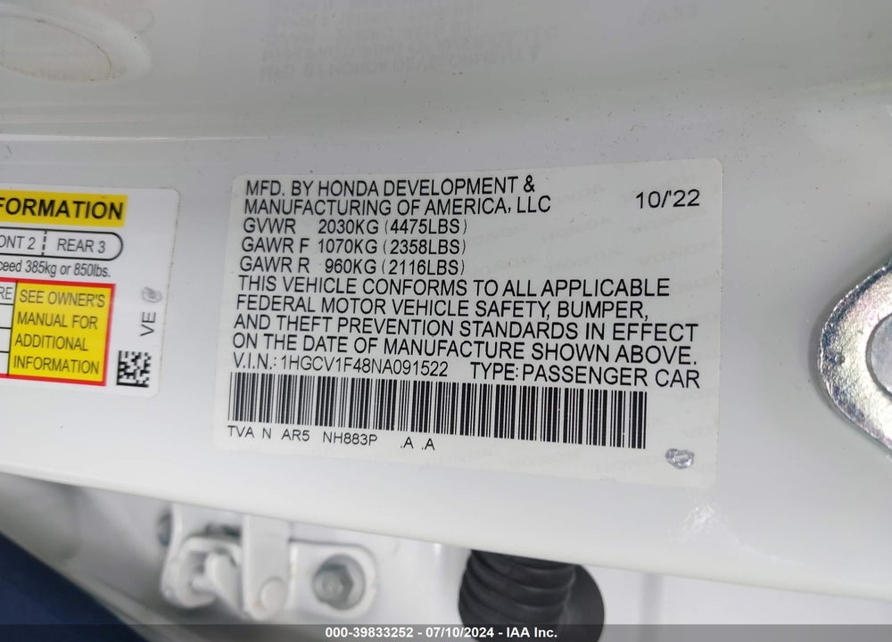2022 HONDA ACCORD SPORT SPECIAL EDITION VIN: 1HGCV1F48NA091522