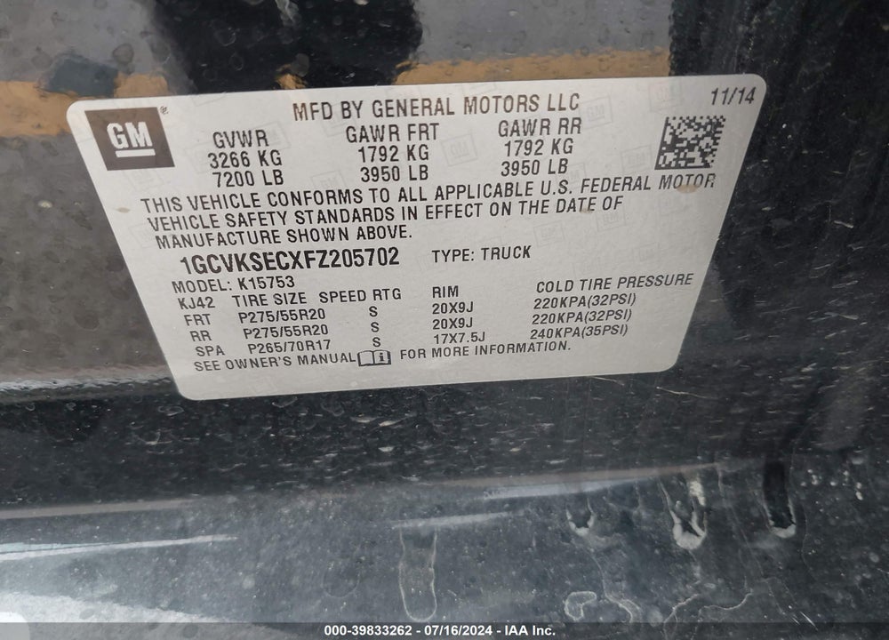 2015 CHEVROLET SILVERADO 1500 1LZ VIN: 1GCVKSECXFZ205702
