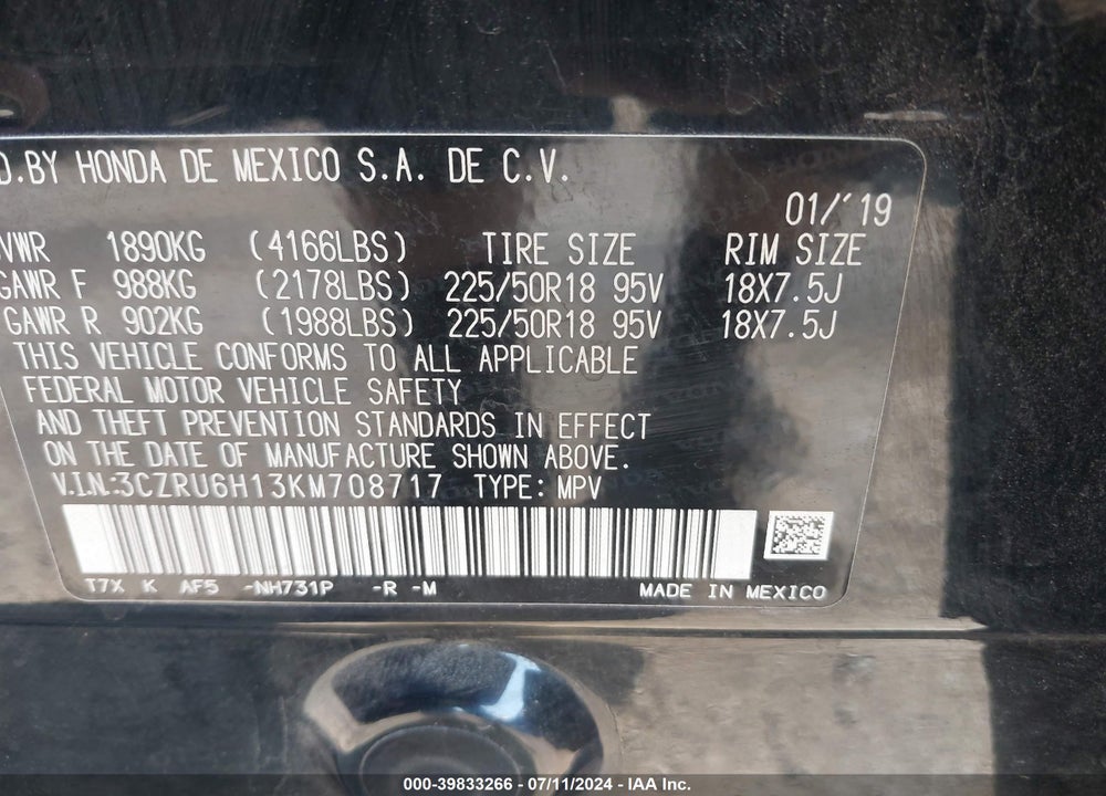 2019 HONDA HR-V SPORT VIN: 3CZRU6H13KM708717
